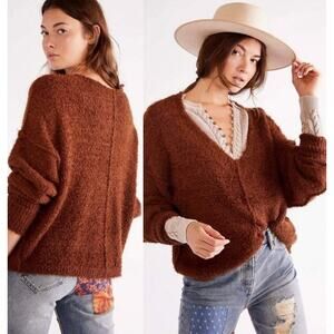 Free People Icing Soft Fuzzy Oversized V-Neck Pullover Sweater in Mocha Brown